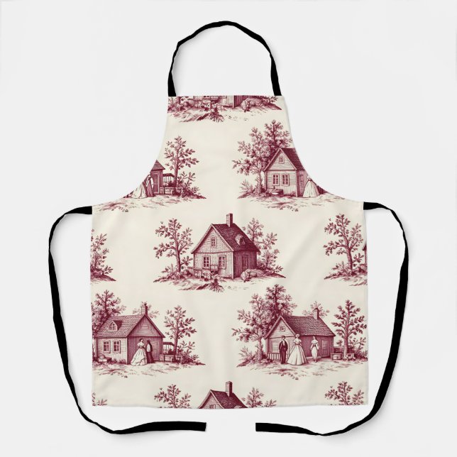 Vintage Burgundy Toile Village Pattern Apron (Front)