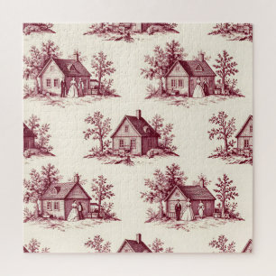 Vintage Burgundy Toile Village Pattern Jigsaw Puzzle