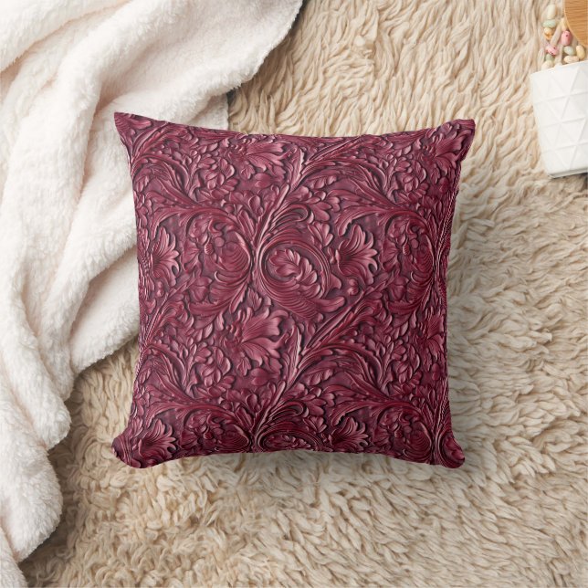 Vintage burgundy tooled leather throw pillow (Blanket)