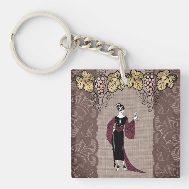 Vintage Burgundy Wine Lady  with Taupe Lace Keychain (Front)