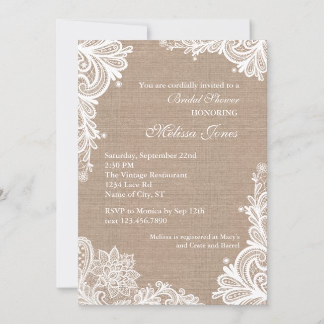 Vintage Burlap and Lace Bridal Shower Invitation (Front)