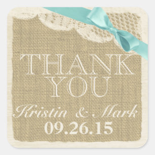 Vintage Burlap and Lace with Aqua Bow Square Sticker