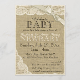 Vintage Burlap and Lace with Bow Baby Shower Invitation
