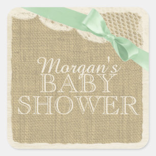 Vintage Burlap and Lace with Green Bow Square Sticker