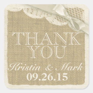 Vintage Burlap and Lace with Ivory Bow Square Sticker