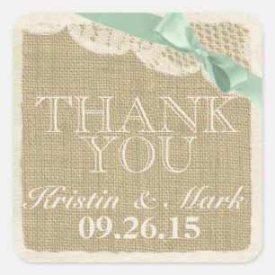 Vintage Burlap and Lace with Mint Green Bow Square Sticker