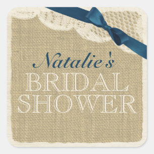 Vintage Burlap and Lace with Navy Blue Bow Square Sticker