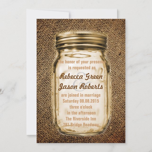 vintage burlap country rustic mason jar wedding invitation (Front)