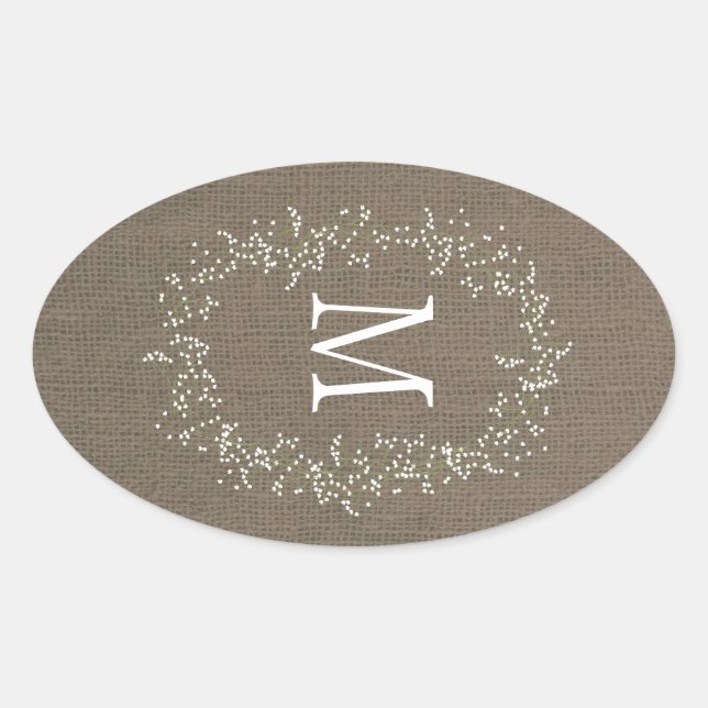 Vintage Burlap Floral Monogram Oval Sticker (Front)