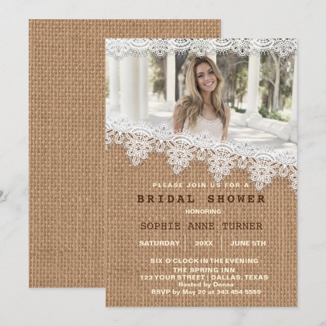 Vintage  Burlap Lace Photo Bridal Shower Invitation (Front/Back)