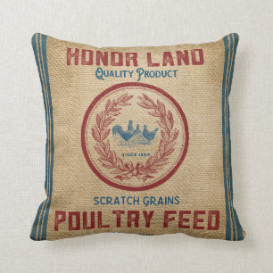 Vintage Burlap Poultry Feed Sack Throw Pillow