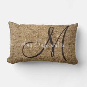 Vintage Burlap Rustic Look Monogram Lumbar Pillow