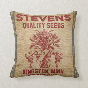 Vintage Burlap Seed Sack Throw Pillow