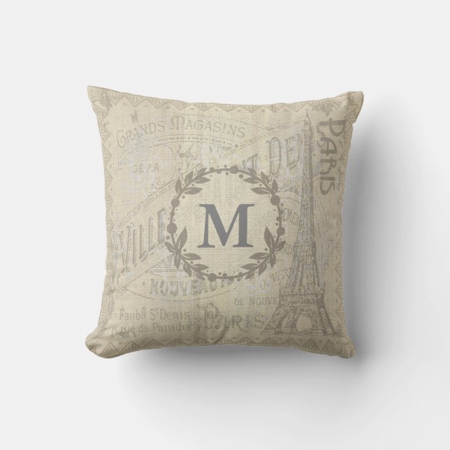 Vintage Burlap Textured PARIS Outdoor Pillow (Front)