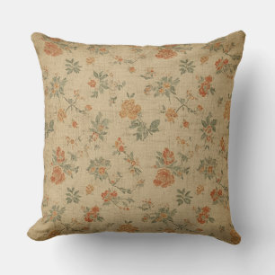 Vintage Burnt Orange Beige Sage Green Floral Throw Pillow