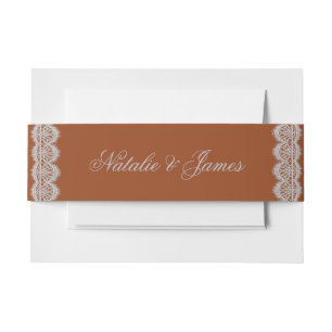 Vintage Burnt Orange Lace Old Money Wedding Invitation Belly Band