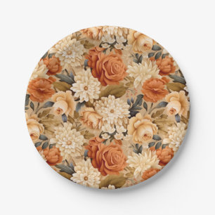 Vintage burnt orange tan beige flowers paper plate