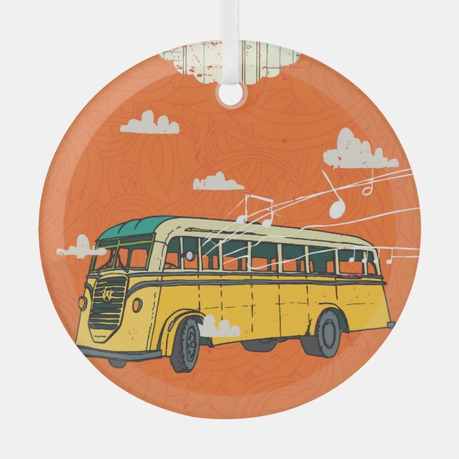 Vintage Bus: Clouds Texture Backdrop Glass Ornament (Front)