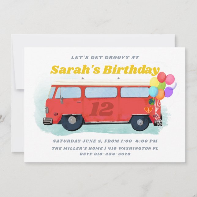 Vintage Bus Retro 70s Groovy Birthday Party Invitation (Front)