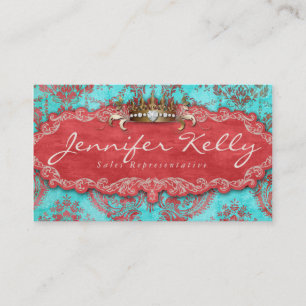 Vintage Business Card Damask Suede Blue Crown