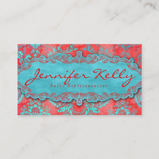 Vintage Business Card Damask Suede Blue Red 2 (Front)