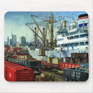 Vintage Business, Docked Cargo Ship Transportation Mouse Pad