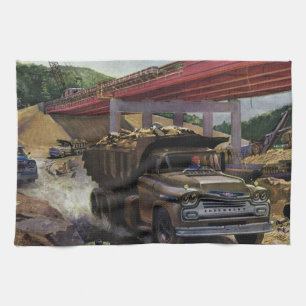 Vintage Business Dump Truck at a Construction Site Kitchen Towel
