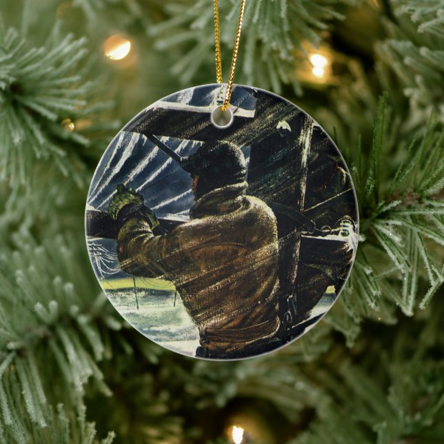 Vintage Business Electrician Working in Snow Storm Ceramic Ornament (Tree)