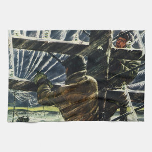 Vintage Business Electrician Working in Snow Storm Kitchen Towel