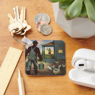 Vintage Business, Farm with Farmer and Chickens Keychain