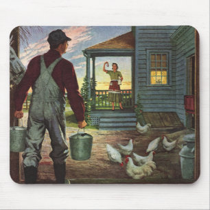 Vintage Business, Farm with Farmer and Chickens Mouse Pad