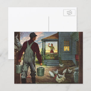 Vintage Business, Farm with Farmer and Chickens Postcard
