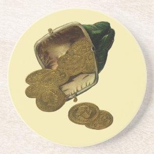 Vintage Business Finance, Gold Coin Money in Purse Coaster