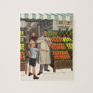 Vintage Business, Fruit Stand with Grocer and Boy Jigsaw Puzzle