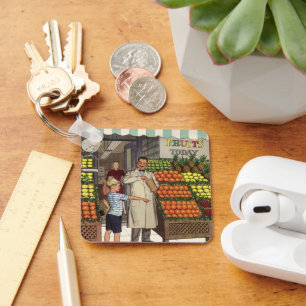 Vintage Business, Fruit Stand with Grocer and Boy Keychain