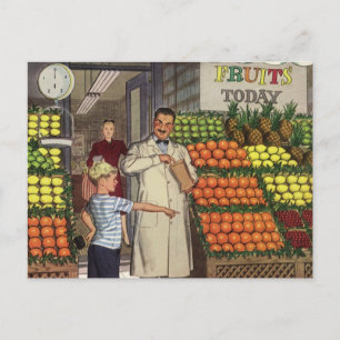 Vintage Business, Fruit Stand with Grocer and Boy Postcard