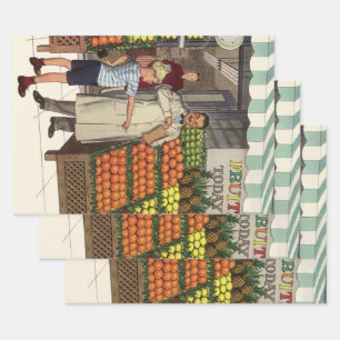 Vintage Business, Fruit Stand with Grocer and Boy Wrapping Paper Sheet