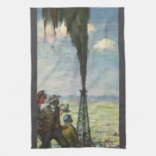 Vintage Business, Gushing Oil Well with Workers Kitchen Towel