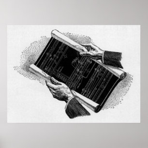 Vintage Business, Hands w Architectural Blueprints Poster