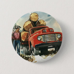 Vintage Business, Logging Truck with Lumberjacks 2 Inch Round Button