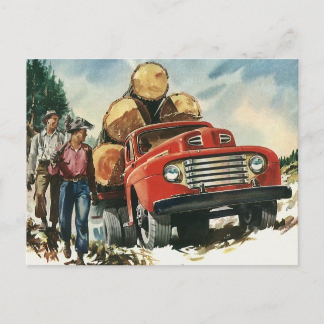 Vintage Business, Logging Truck with Lumberjacks Postcard (Front)