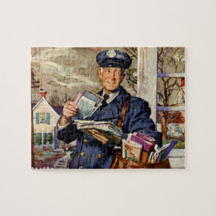 Vintage Business, Mailman Delivering Mail Letters Jigsaw Puzzle