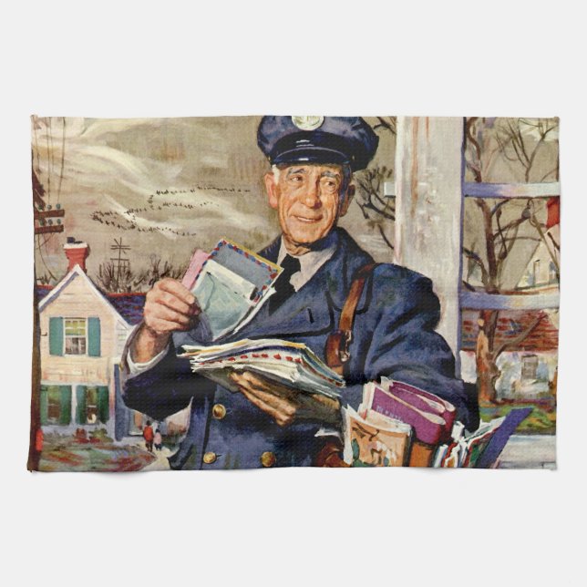 Vintage Business, Mailman Delivering Mail Letters Kitchen Towel (Horizontal)