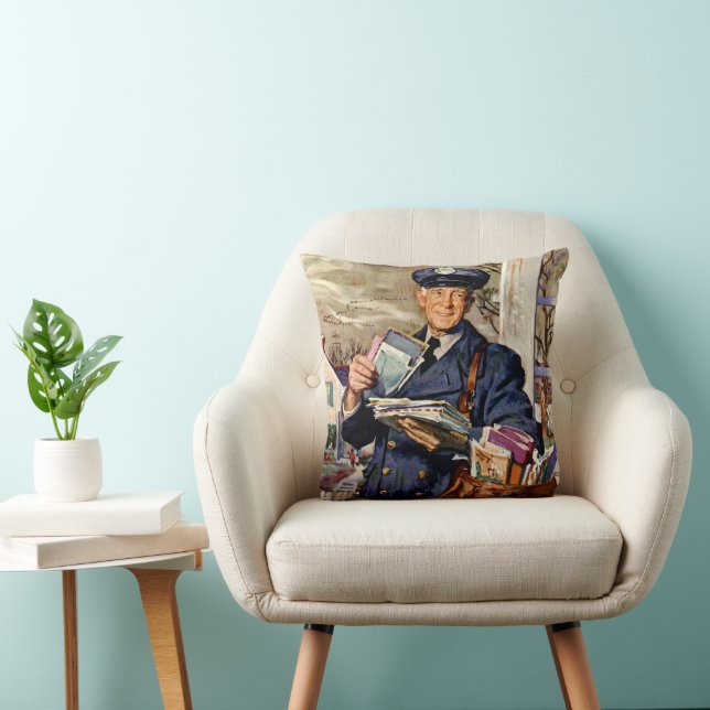 Vintage Business, Mailman Delivering Mail Letters Throw Pillow (Chair)