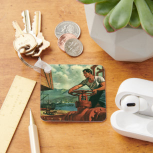 Vintage Business, Oil Tanker Ship with Dock Worker Keychain