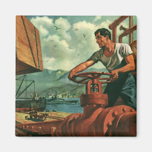 Vintage Business, Oil Tanker Ship with Dock Worker Magnet