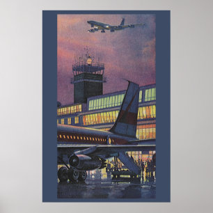 Vintage Business Passengers on Airplane at Airport Poster