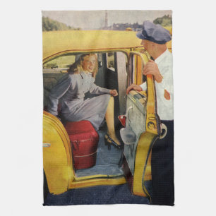 Vintage Business, Taxi Cab Driver Woman Passenger Kitchen Towel