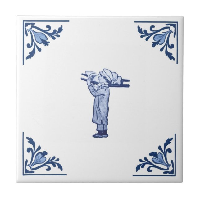 Vintage Butcher Delivery Boy Delft Blue & White Tile (Front)