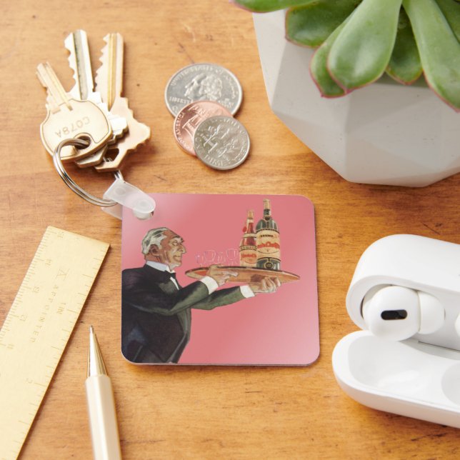 Vintage Butler in a Tuxedo Serving Wine on Tray Keychain (Desk)